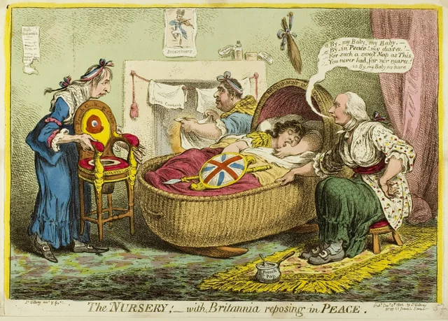 La habitación de los niños, con Britania reposando en paz, James Gillray