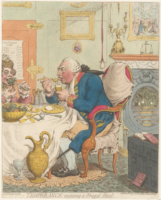 La templanza saboreando una comida frugal, James Gillray