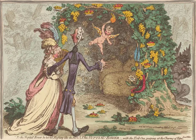 El lecho nupcial, «Al lecho nupcial la condujo, sonrojada como la aurora», con el Maligno espiando los encantos del Edén, según Milton, James Gillray