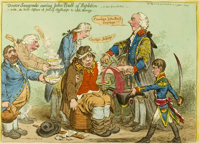 El doctor Sangrado curando a John Bull de su repleción, con los buenos oficios del joven Clysterpipe y del pequeño Boney, James Gillray