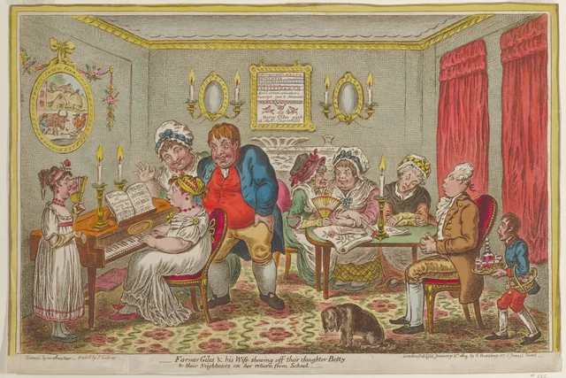 Farmer Giles & his Wife, shewing off their daughter Betty to their Neighbours, on her return from School, James Gillray