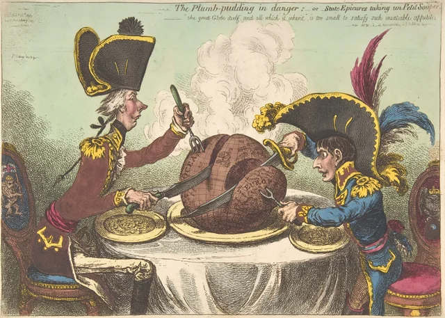 The Plumb-Pudding in Danger;–or–State Epicures Taking un Petit Souper, James Gillray