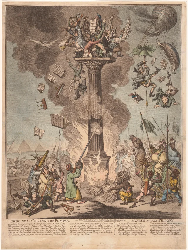 El asedio de la columna de Pompeyo, o la Ciencia en la picota, James Gillray