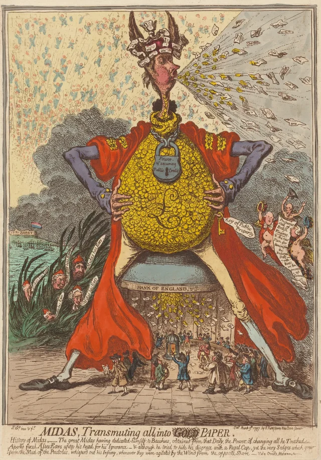 Midas transmutándolo todo en papel, James Gillray