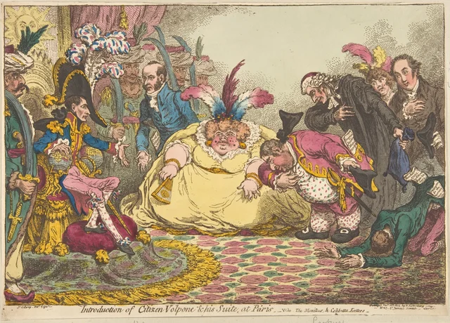 Presentación del ciudadano Volpone y su séquito en París. Véanse Le Moniteur y las Cartas de Cobbett, James Gillray
