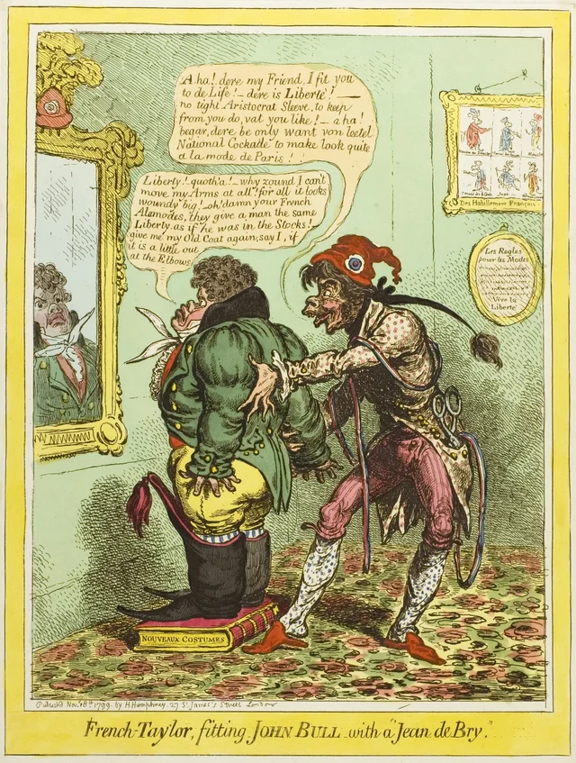 French-Tailor, Fitting John Bull with a "Jean de Bry", James Gillray