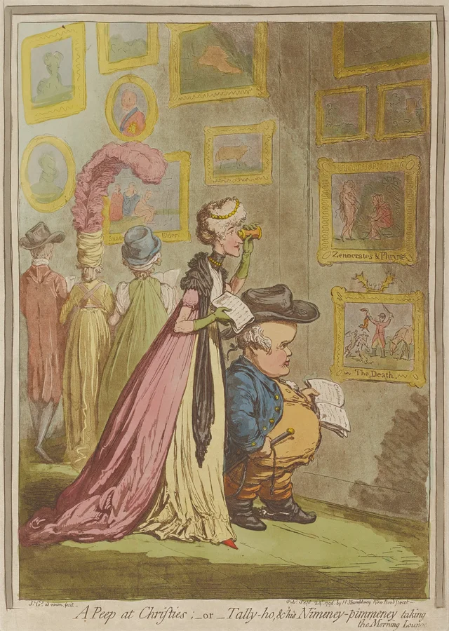 A Peep at Christie's; --or--Tally-ho and his Nimeny-Pimeny Taking the Morning Lounge, James Gillray