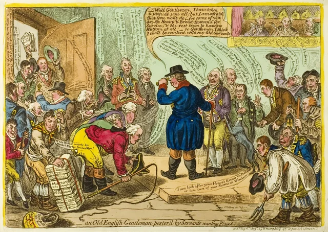 Old English-Gentleman Pester'd by Servants Wanting Places, James Gillray