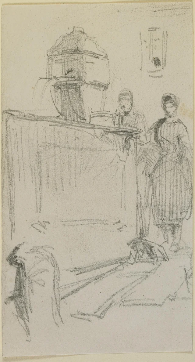 Figures by a fountain