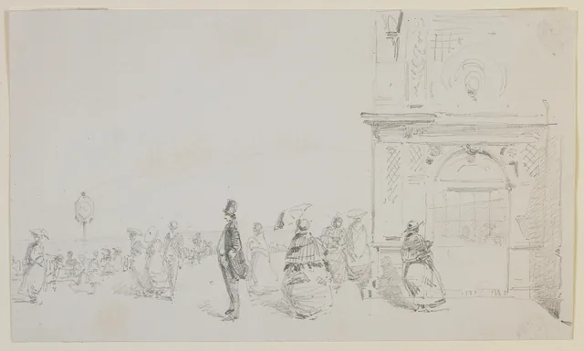 A group of figures on an esplanade
