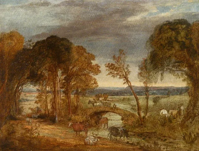Paisaje fluvial con puente, figuras y ganado, James Ward