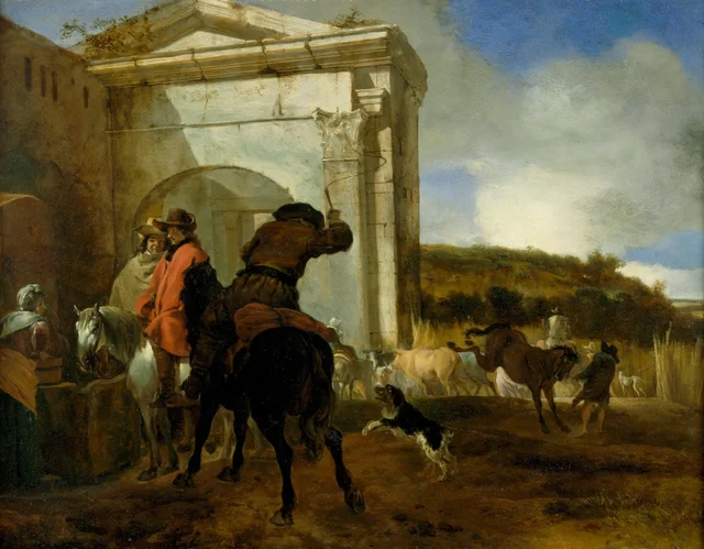 Paysage italien avec des cavaliers près d'une fontaine