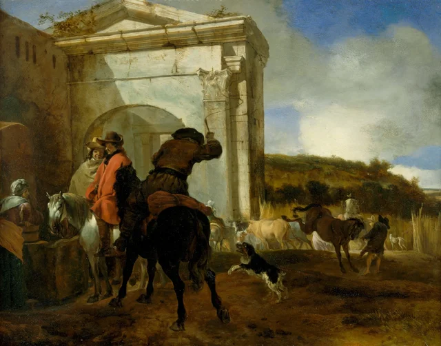 Paisaje italiano con jinetes junto a una fuente, Jan Baptist Weenix