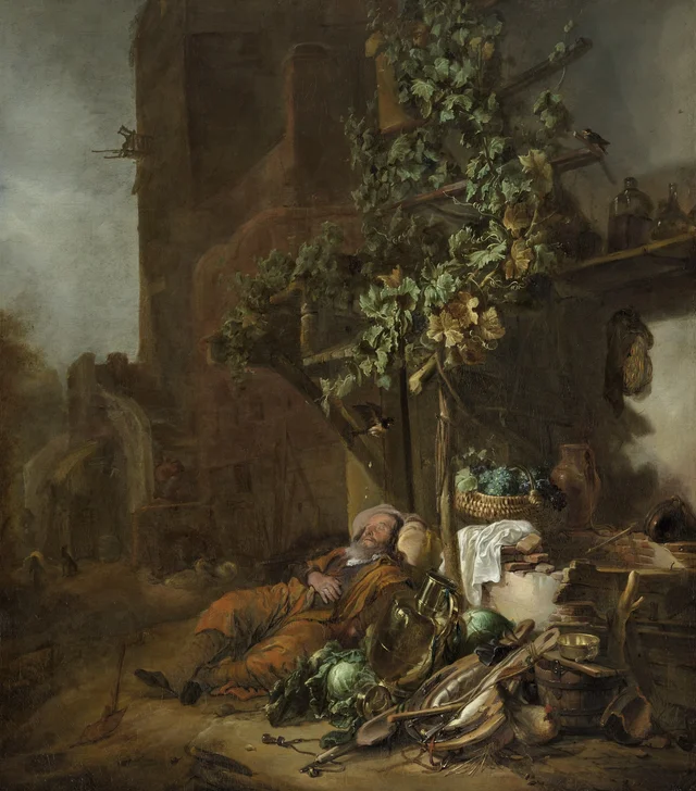 Tobit, asleep under a vine, is blinded