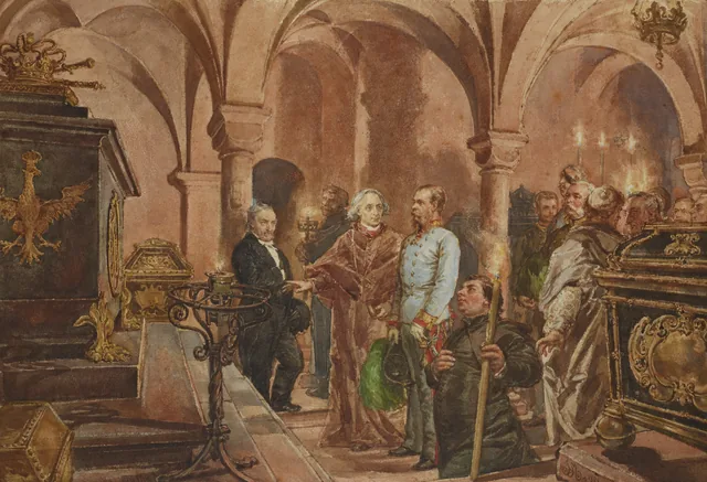 « L'Empereur devant le sarcophage du roi Jean III Sobieski dans la crypte Saint-Léonard », Jan Matejko