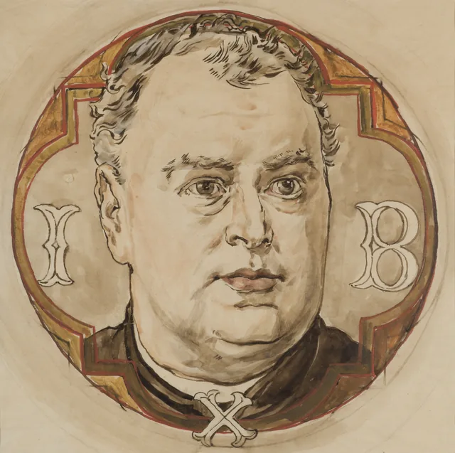 Cartoon for the polychromy of St Mary's Church - Male head and the letters "I, B, X" (Father Jan Bukowski)