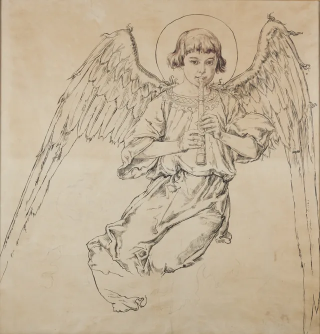 Cartoon for the polychromy of St Mary's Church - Figure of an angel playing the flute