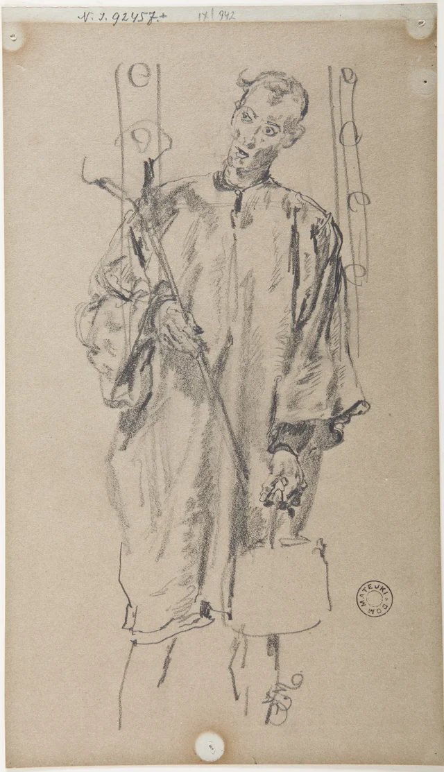 Sketch for the painting "Bishop Lubrański Founds the Academy in Poznań" - altar boy in a surplice. Outline of an epitaph (double-sided drawing)