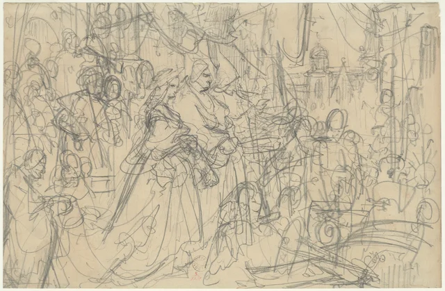 Compositional sketch for the painting "The Hanging of the Sigismund Bell" - King Sigismund and Bona; court figures; outline of the bell