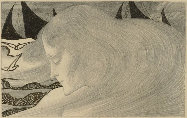 Jeune femme aux cheveux ondulés devant une mer avec des bateaux, Jan Toorop