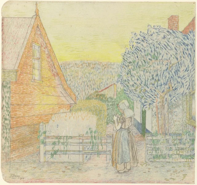 Jeune Zélandaise tricotant dans une cour, Jan Toorop