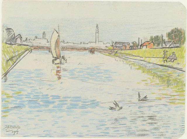 Vue d'un canal avec un voilier, Jan Toorop