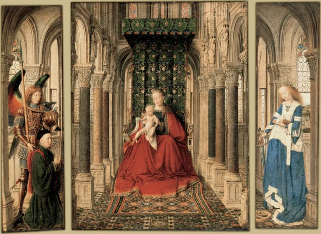Triptych with the Virgin and Child, Saint Catherine and the Archangel Michael, with the Donor, Jan van Eyck