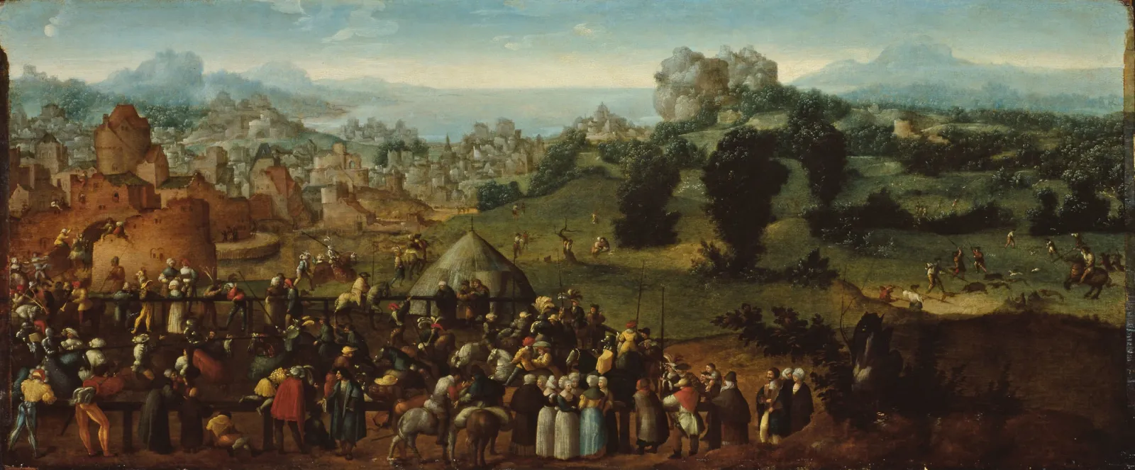Paysage avec tournoi et chasseurs, Jan van Scorel