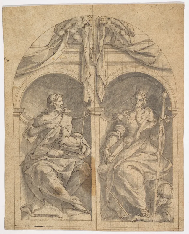 Deux volets de retable : saint Jean-Baptiste et sainte Catherine dans des niches surmontées d'anges, Jan van Scorel