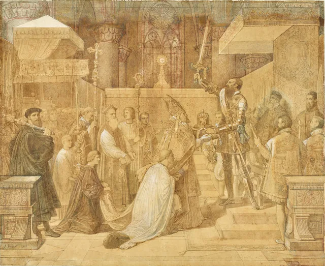 The Duke of Alba Receiving the Pope's Blessing in the Cathedral of Sainte-Gudule, Brussels, Jean-Auguste-Dominique Ingres