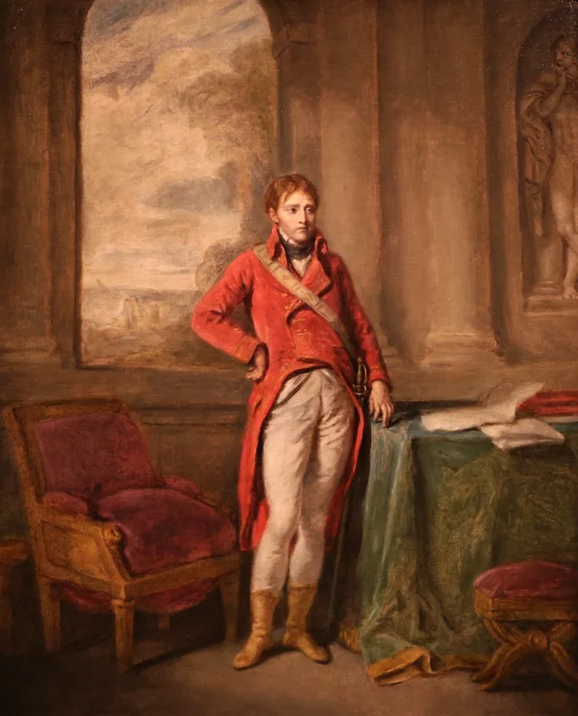 Portrait de Napoléon Bonaparte en habit de Premier Consul, avec la ville d'Anvers en décor de fond