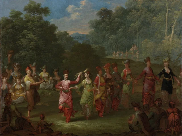 Hommes et femmes grecs dansant la khorra