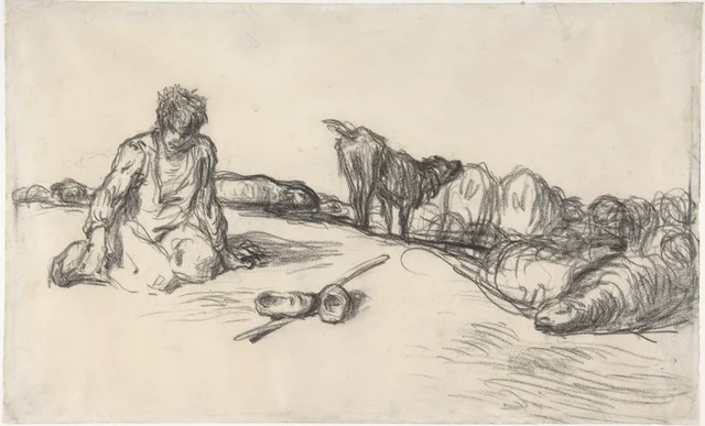 A Seated Shepherd with His Dog and Sheep