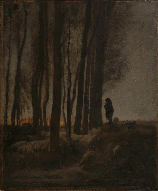 Shepherd and Flock at the Edge of the Forest, Evening, Jean-François Millet