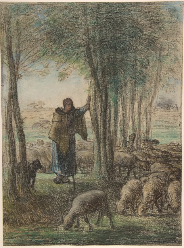 A Shepherdess and Her Flock in the Shade of Trees