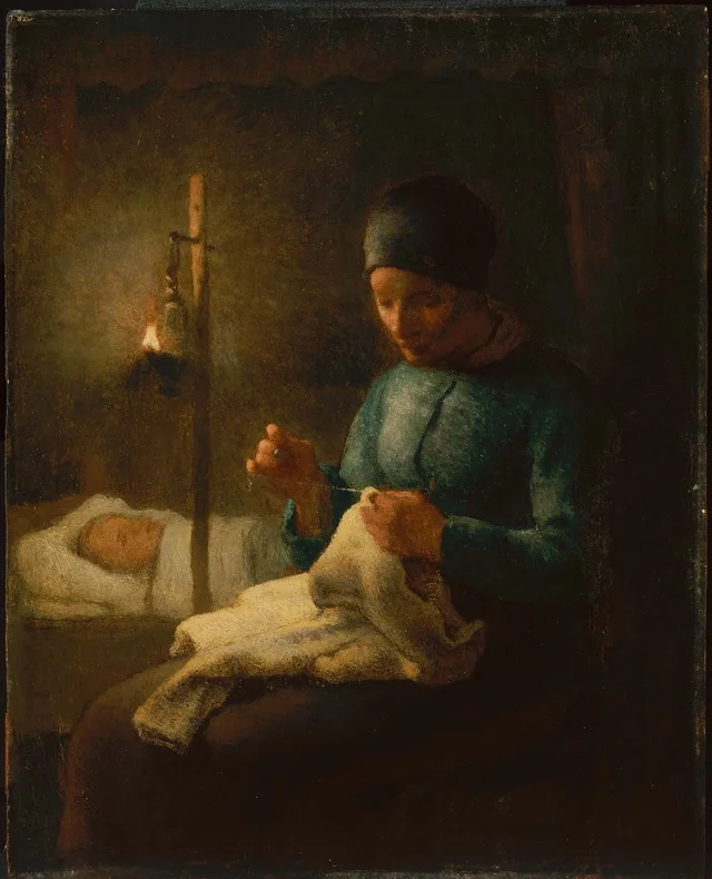 Woman Sewing beside her Sleeping Child