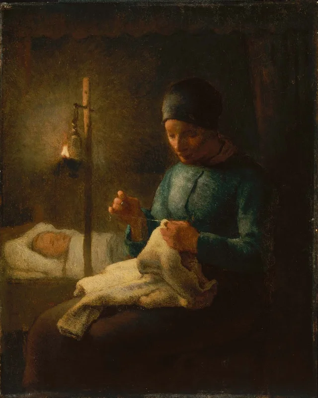 Femme cousant près de son enfant endormi, Jean-François Millet