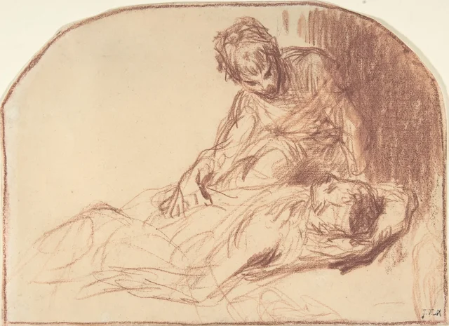 A Young Man Seated, Bent over a Reclining Figure