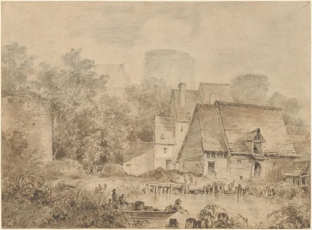 Edificios de granja junto a un curso de agua, Jean-Honoré Fragonard
