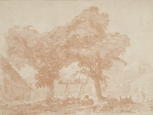 Patio de granja con dos árboles entre los que hay escaleras apoyadas, Jean-Honoré Fragonard