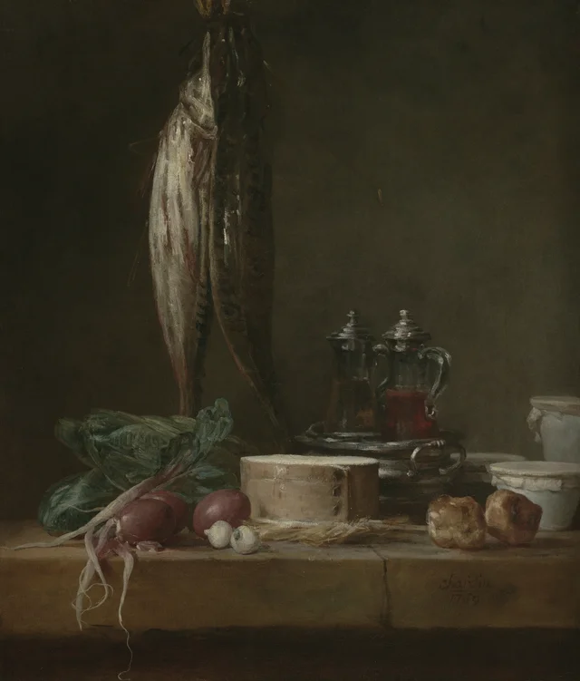 Still Life with Fish, Vegetables, Gougères, Pots, and Cruets on a Table, Jean Siméon Chardin