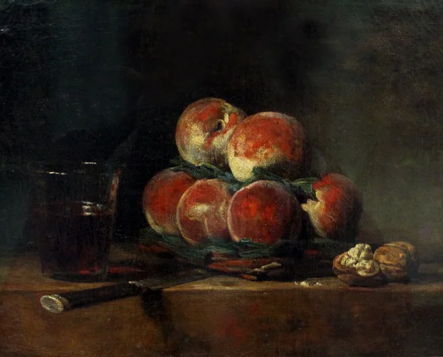 Basket of Peaches, with Walnuts, Knife and Glass of Wine, Jean Siméon Chardin