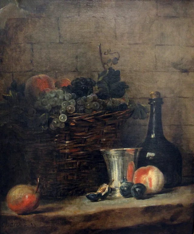 Basket of Grapes, Silver Goblet and Bottle