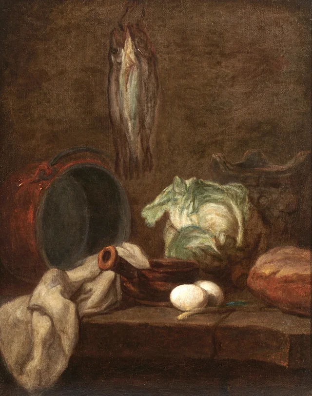 Kitchen Utensils and Three Herrings or Whitings, Jean Siméon Chardin