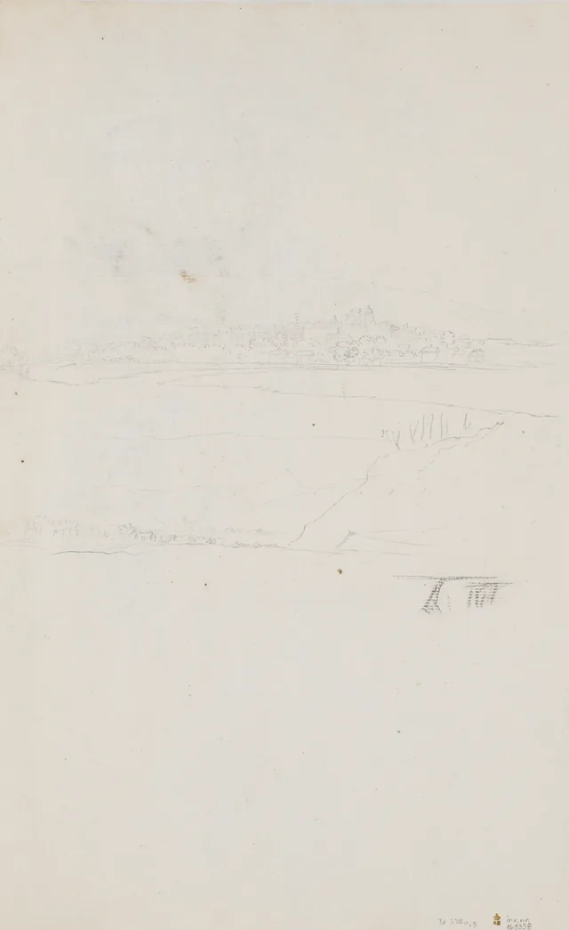 二つの風景の下絵、上にオー＝ヴィーヴから見たジュネーヴ、下に山の風景、それに散歩する紳士の足
