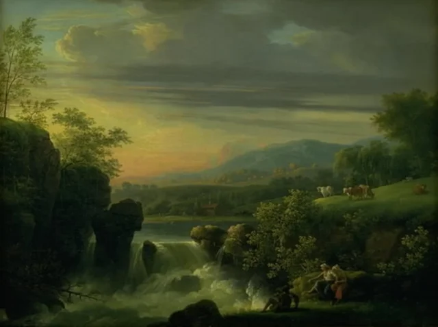 El sol naciente en una región montañosa, en primer plano una cascada, Jens Juel