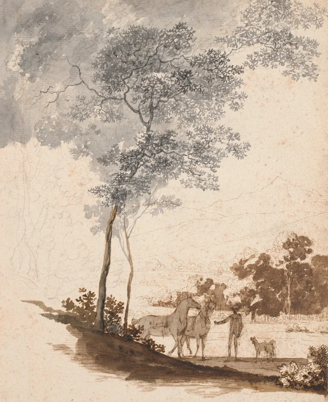 Paisaje suizo con un mozo de cuadra sosteniendo dos caballos y dos perros; estudio para el retrato de Jean-Armand Tronchin