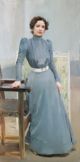 Clotilde in a grey dress
