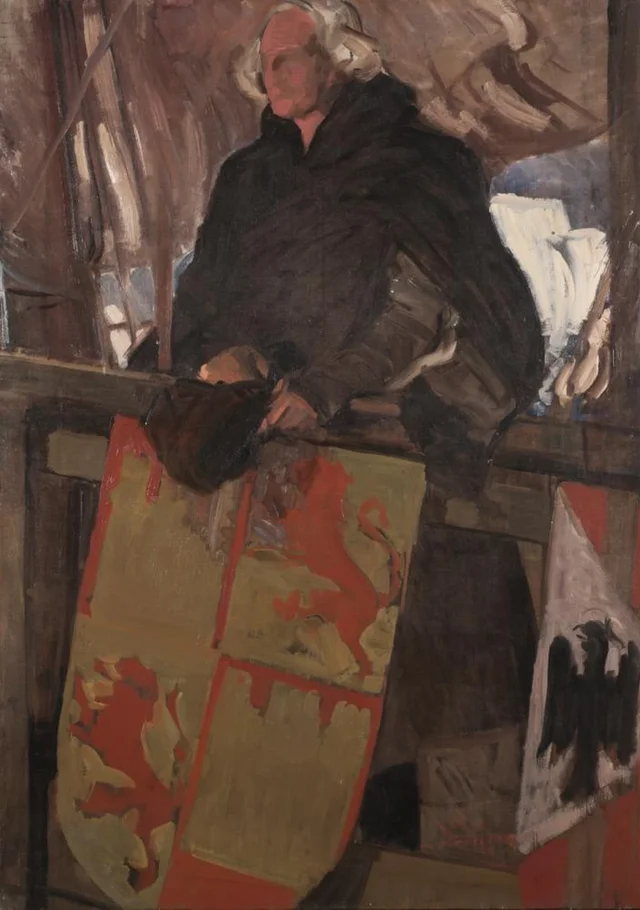 Colón saliendo de Palos (Con escudo de armas)