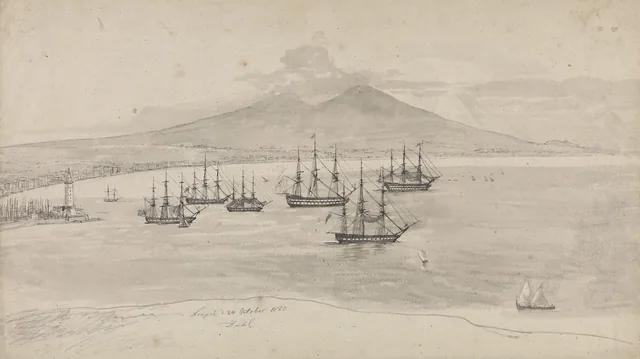 ナポリ前に停泊する軍艦